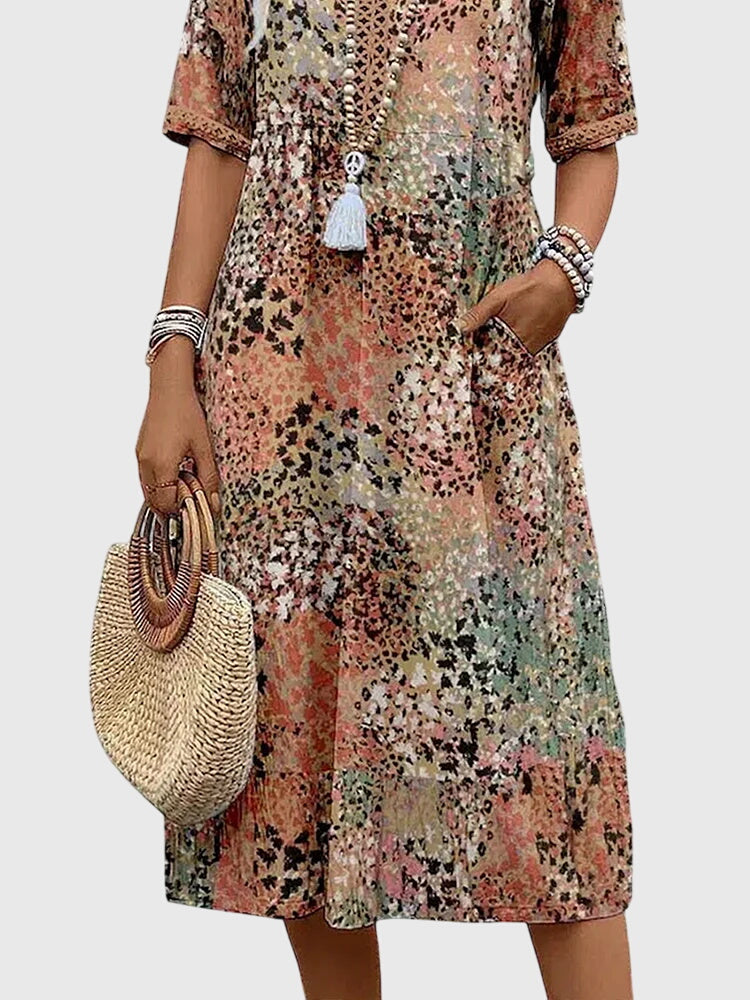 V-Neck Floral Midi Dress Women's Short Sleeve Boho with Pockets – Casual, Holiday