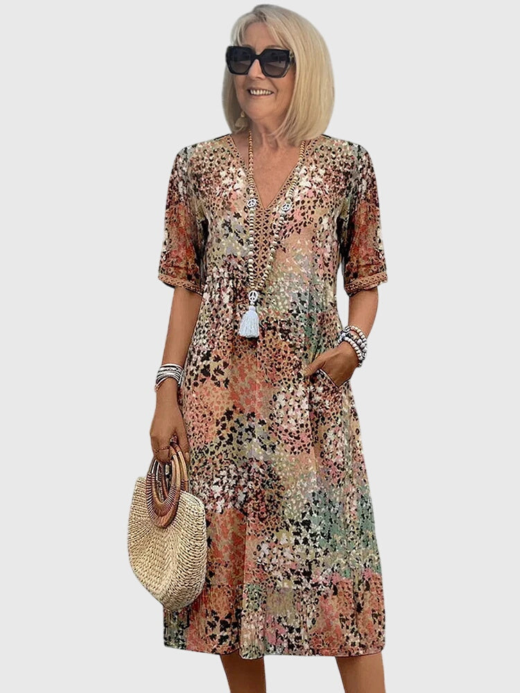 V-Neck Floral Midi Dress Women's Short Sleeve Boho with Pockets – Casual, Holiday