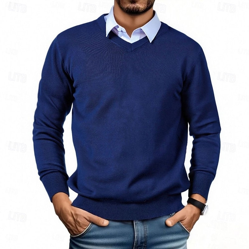 V-Neck Sweater Men's Navy Blue Long Sleeve Knit Pullover – Office, Casual, Gift · Faylori