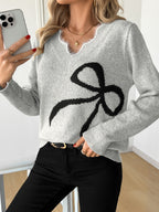 V-Neck Sweater Women's Bow Print Long Sleeve Knit Pullover Gray – Casual, Office, Holiday, Gift