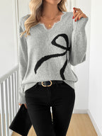V-Neck Sweater Women's Bow Print Long Sleeve Knit Pullover Gray – Casual, Office, Holiday, Gift