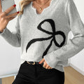 V-Neck Sweater Women's Bow Print Long Sleeve Knit Pullover Gray – Casual, Office, Holiday, Gift