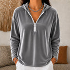 Velvet Quarter-Zip Hoodie Women's Navy Relaxed Fit Long Sleeve Pullover – Casual, Office