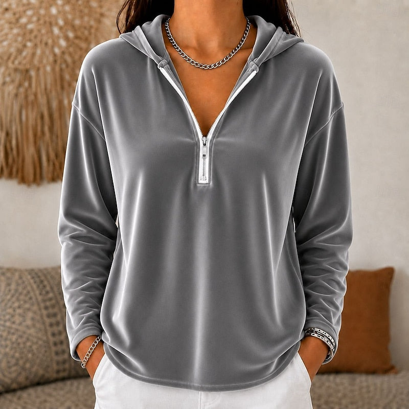 Velvet Quarter-Zip Hoodie Women's Navy Relaxed Fit Long Sleeve Pullover – Casual, Office