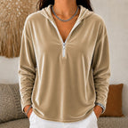 Velvet Quarter-Zip Hoodie Women's Navy Relaxed Fit Long Sleeve Pullover – Casual, Office