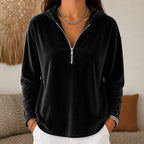 Velvet Quarter-Zip Hoodie Women's Navy Relaxed Fit Long Sleeve Pullover – Casual, Office