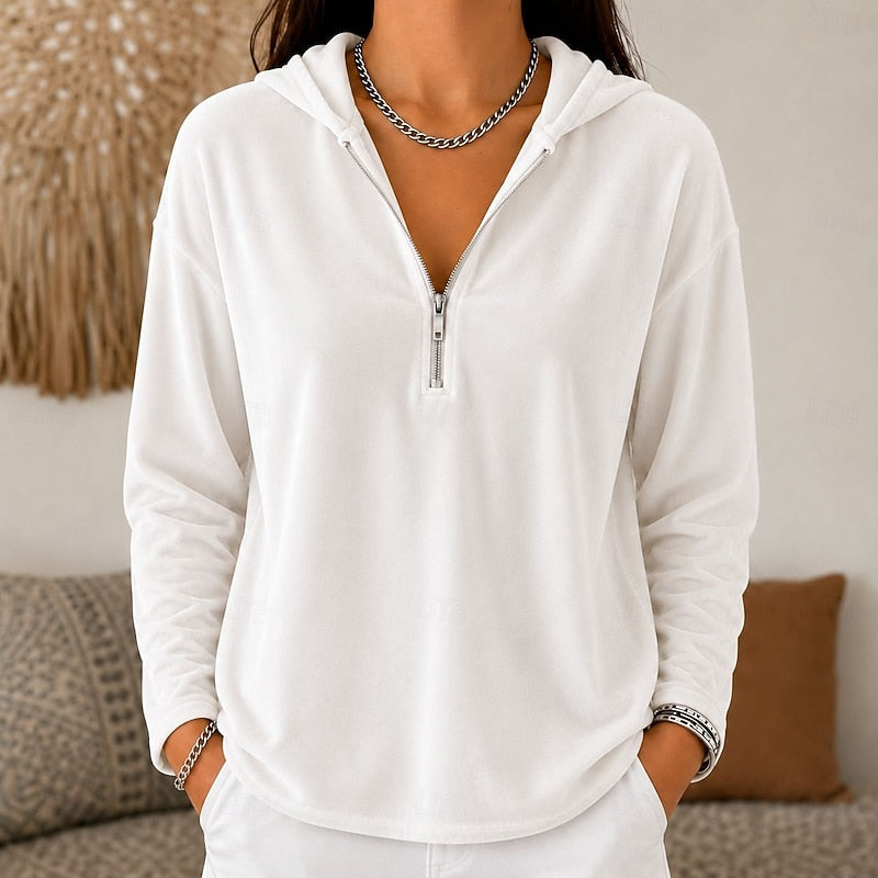 Velvet Quarter-Zip Hoodie Women's Navy Relaxed Fit Long Sleeve Pullover – Casual, Office