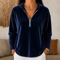 Velvet Quarter-Zip Hoodie Women's Navy Relaxed Fit Long Sleeve Pullover – Casual, Office