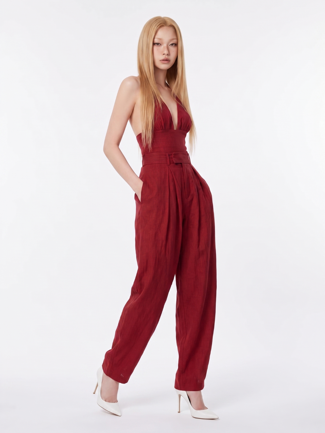 Women's Plunge-Neck Jumpsuit | Pleated Waist-Faylori