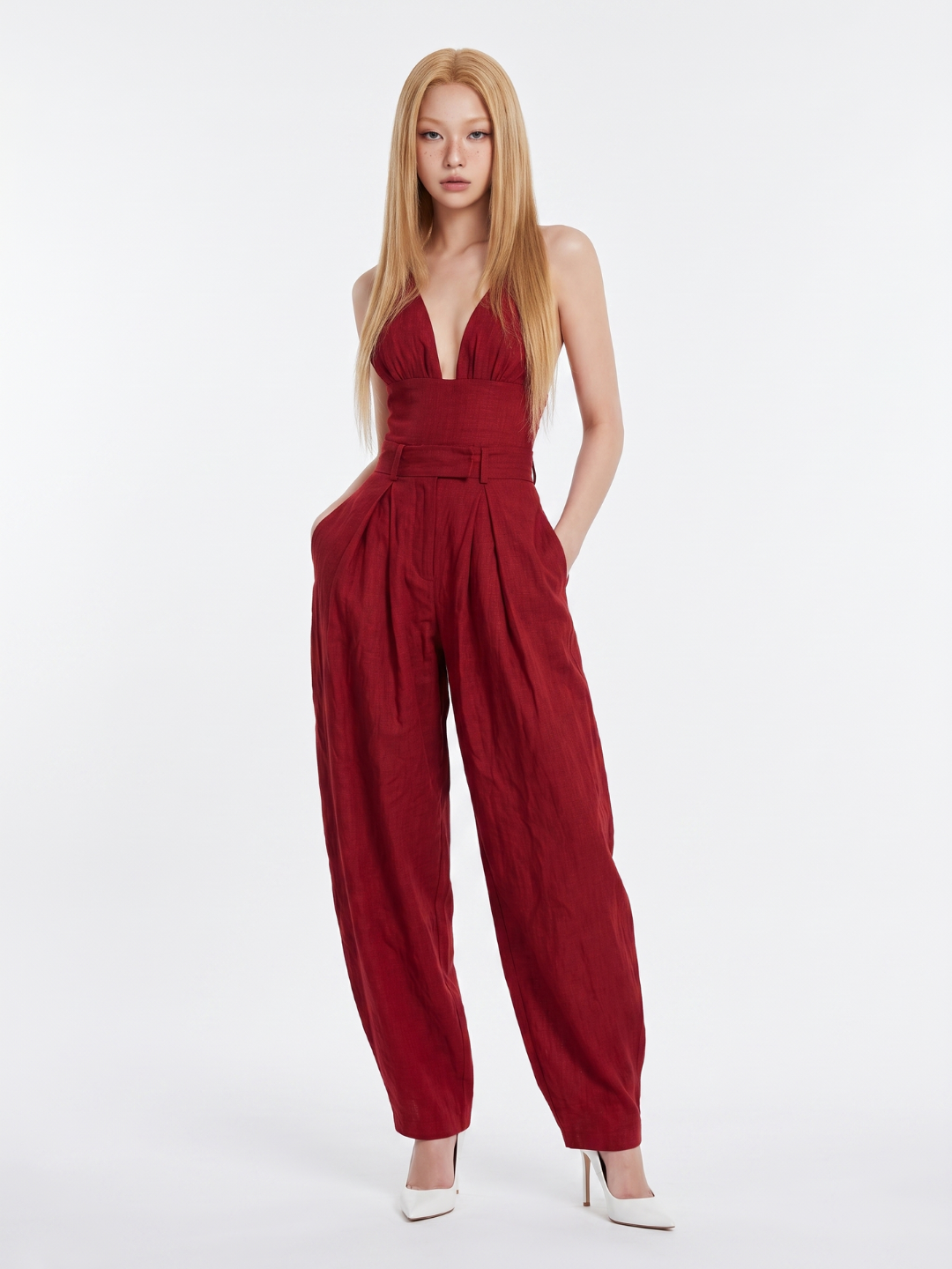 Women's Plunge-Neck Jumpsuit | Pleated Waist-Faylori