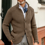 Waffle Knit Button Cardigan Men's Brown Stand Collar Sweater – Casual, Office · Faylori