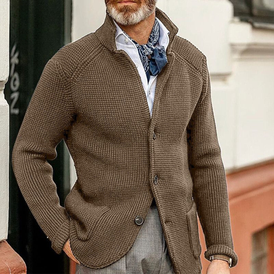 Waffle Knit Button Cardigan Men's Brown Stand Collar Sweater – Casual, Office · Faylori