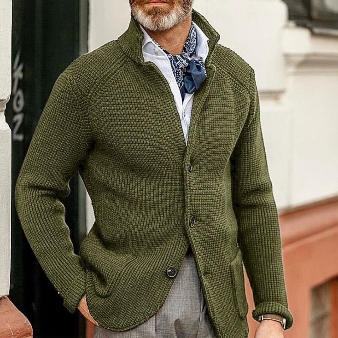 Waffle Knit Button Cardigan Men's Brown Stand Collar Sweater – Casual, Office · Faylori