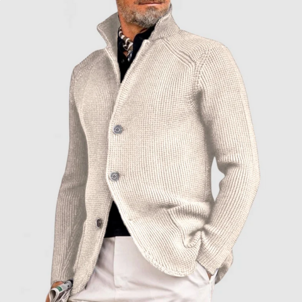Waffle Knit Button Cardigan Men's Brown Stand Collar Sweater – Casual, Office · Faylori