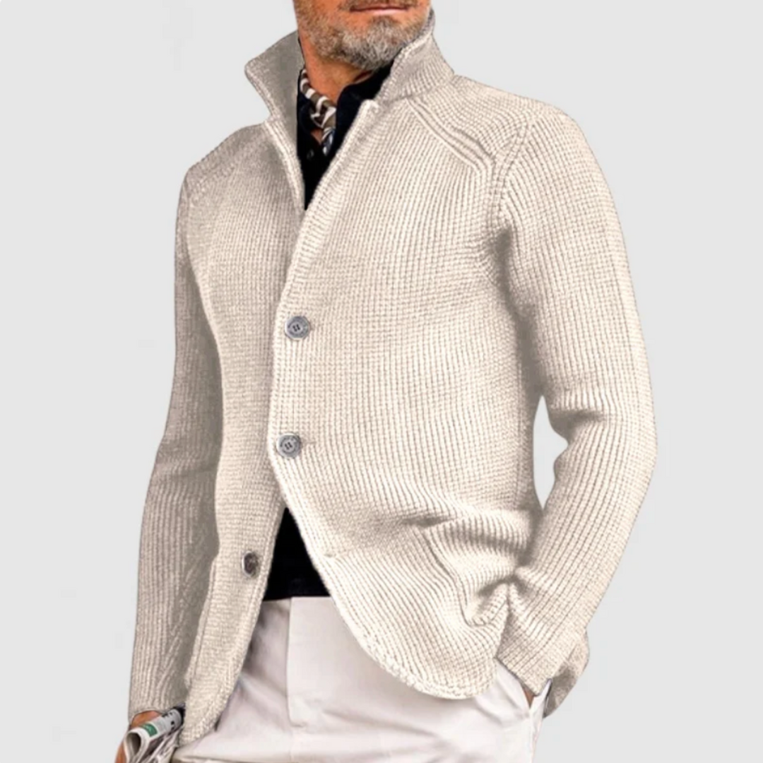 Waffle Knit Button Cardigan Men's Brown Stand Collar Sweater – Casual, Office · Faylori