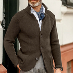 Waffle Knit Button Cardigan Men's Brown Stand Collar Sweater – Casual, Office · Faylori