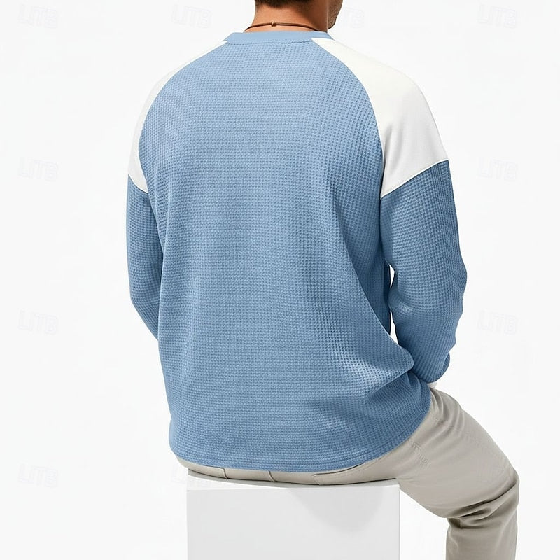 Waffle Knit Henley Shirt Men's Colorblock Long Sleeve with Chest Pocket – Casual, Office