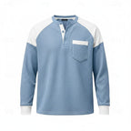 Waffle Knit Henley Shirt Men's Colorblock Long Sleeve with Chest Pocket – Casual, Office
