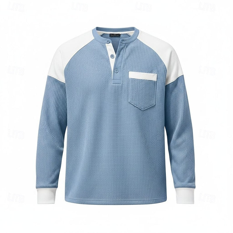 Waffle Knit Henley Shirt Men's Colorblock Long Sleeve with Chest Pocket – Casual, Office