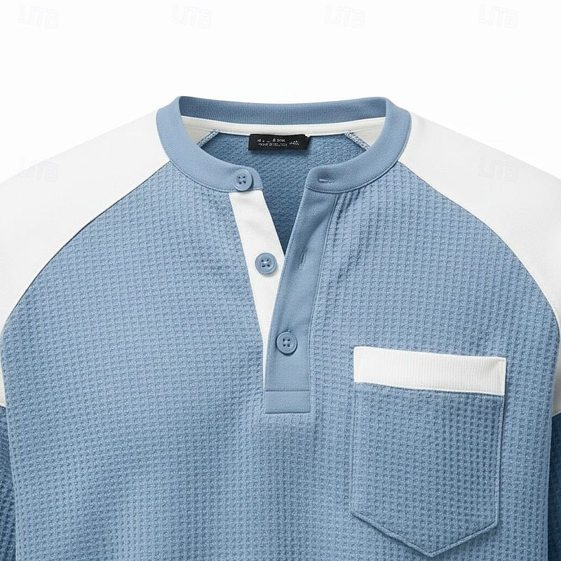 Waffle Knit Henley Shirt Men's Colorblock Long Sleeve with Chest Pocket – Casual, Office
