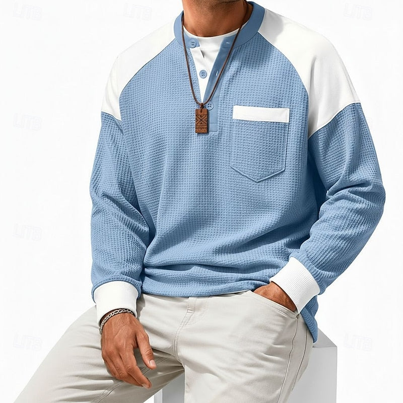 Waffle Knit Henley Shirt Men's Colorblock Long Sleeve with Chest Pocket – Casual, Office