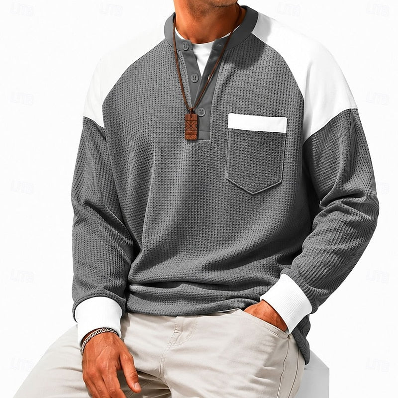 Waffle Knit Henley Shirt Men's Colorblock Long Sleeve with Chest Pocket – Casual, Office