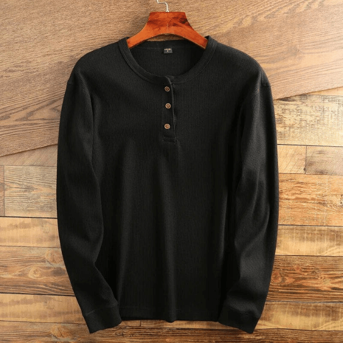 Waffle Knit Henley Shirt Men's Long Sleeve Gray Textured Ribbed Top – Casual, Office