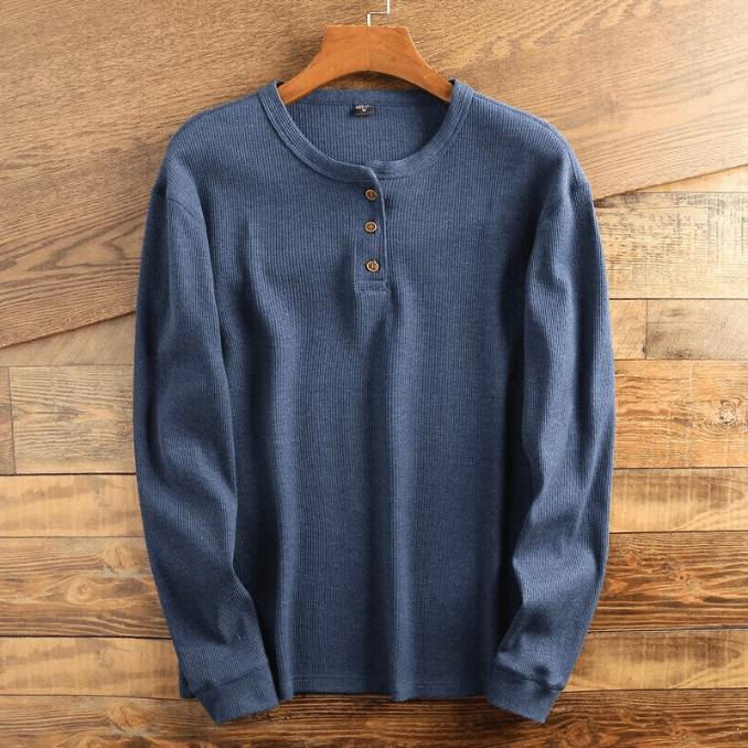 Waffle Knit Henley Shirt Men's Long Sleeve Gray Textured Ribbed Top – Casual, Office