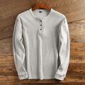 Waffle Knit Henley Shirt Men's Long Sleeve Gray Textured Ribbed Top – Casual, Office