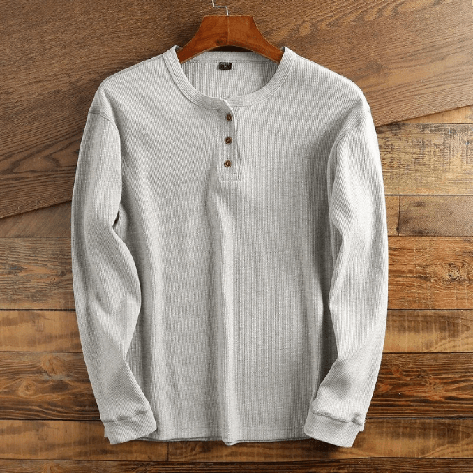 Waffle Knit Henley Shirt Men's Long Sleeve Gray Textured Ribbed Top – Casual, Office