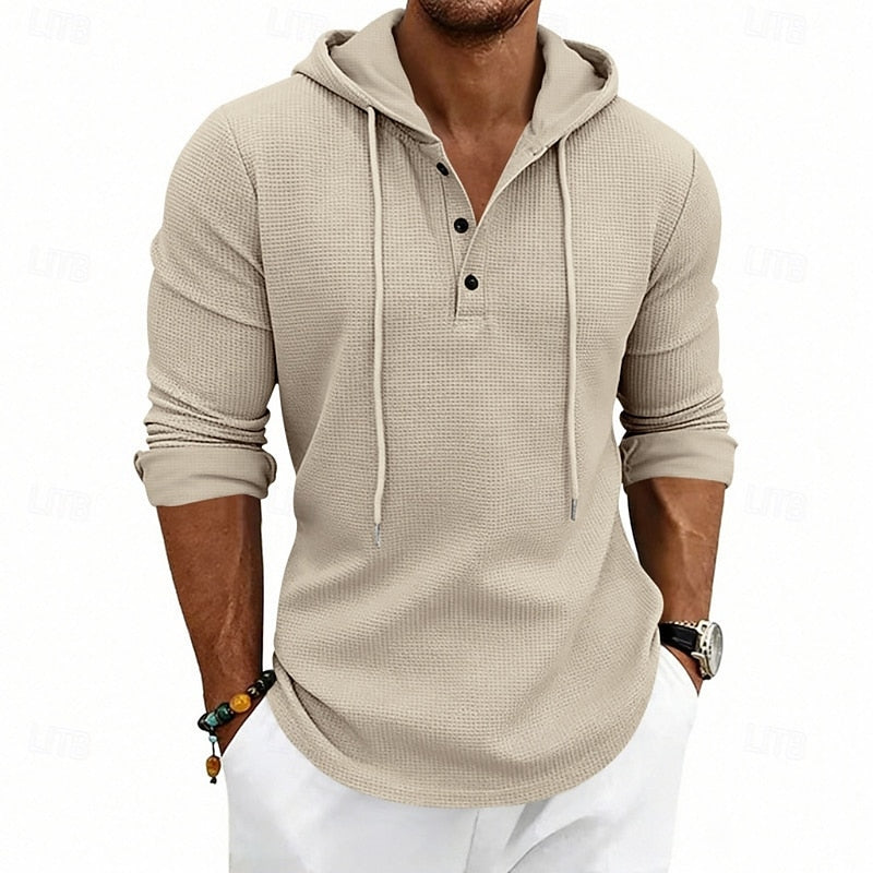 Waffle Knit Hooded Henley Shirt Men's Long Sleeve Drawstring Button Top – Casual, Everyday