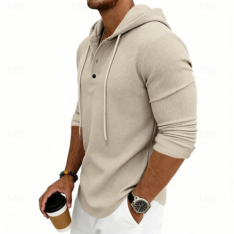 Waffle Knit Hooded Henley Shirt Men's Long Sleeve Drawstring Button Top – Casual, Everyday