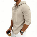 Waffle Knit Hooded Henley Shirt Men's Long Sleeve Drawstring Button Top – Casual, Everyday