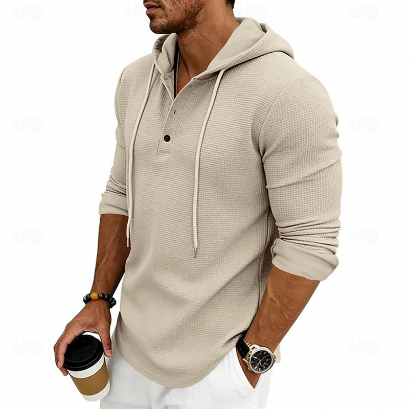 Waffle Knit Hooded Henley Shirt Men's Long Sleeve Drawstring Button Top – Casual, Everyday