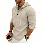 Waffle Knit Hooded Henley Shirt Men's Long Sleeve Drawstring Button Top – Casual, Everyday