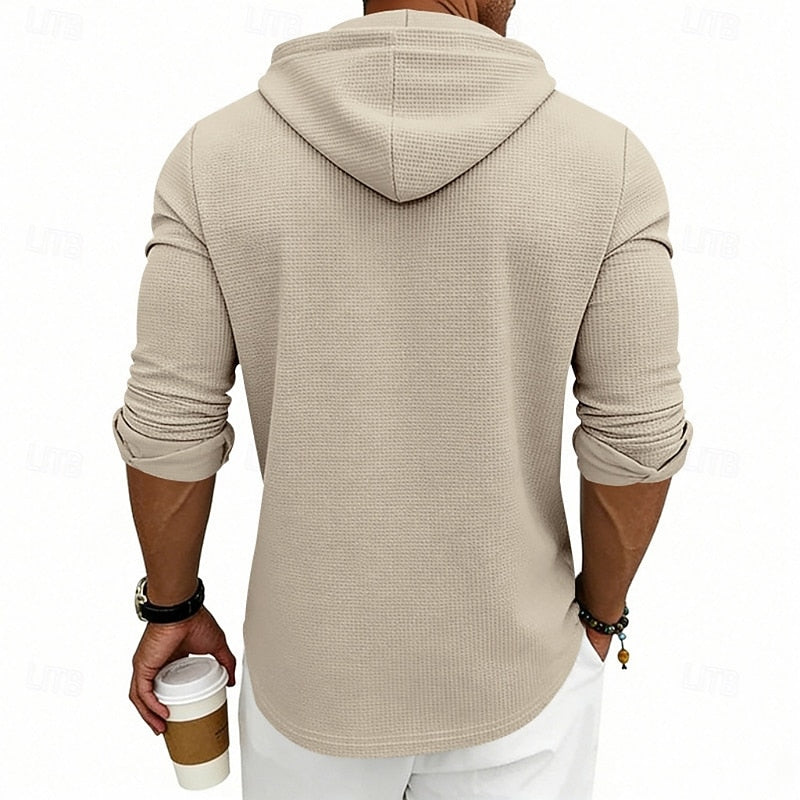 Waffle Knit Hooded Henley Shirt Men's Long Sleeve Drawstring Button Top – Casual, Everyday