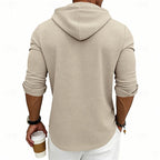 Waffle Knit Hooded Henley Shirt Men's Long Sleeve Drawstring Button Top – Casual, Everyday