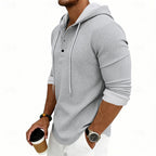 Waffle Knit Hooded Henley Shirt Men's Long Sleeve Drawstring Button Top – Casual, Everyday