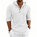 Waffle Knit Hooded Henley Shirt Men's Long Sleeve Drawstring Button Top – Casual, Everyday