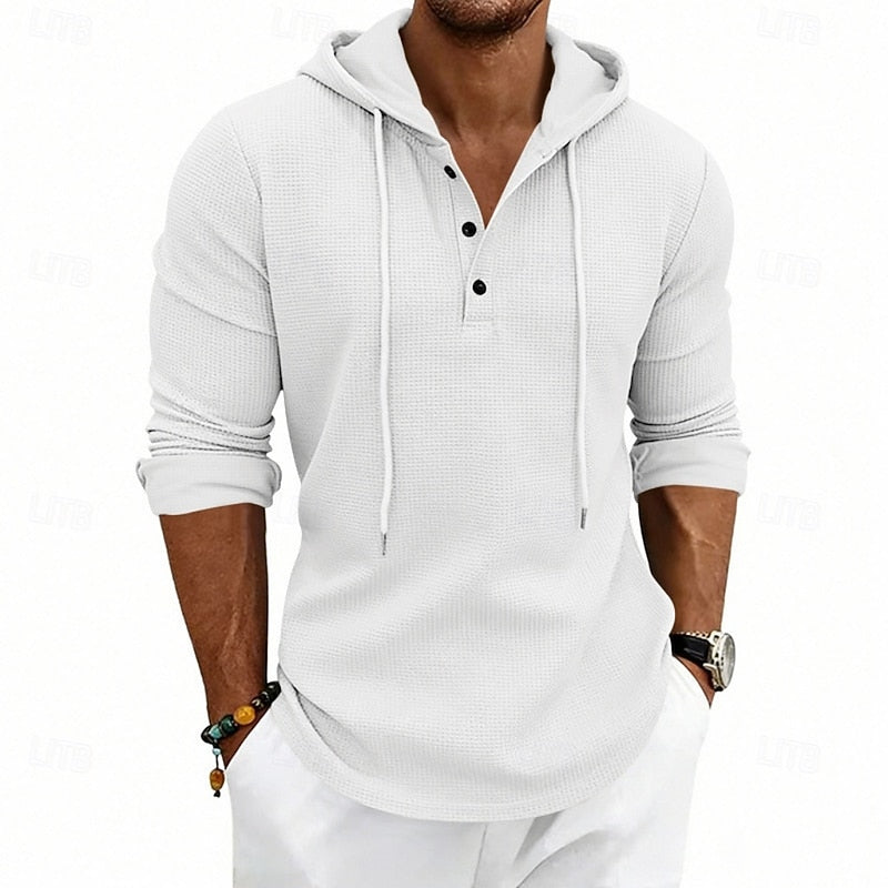 Waffle Knit Hooded Henley Shirt Men's Long Sleeve Drawstring Button Top – Casual, Everyday