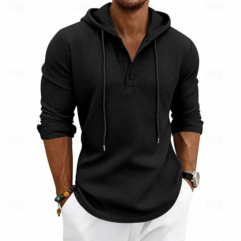 Waffle Knit Hooded Henley Shirt Men's Long Sleeve Drawstring Button Top – Casual, Everyday