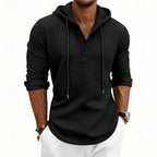 Waffle Knit Hooded Henley Shirt Men's Long Sleeve Drawstring Button Top – Casual, Everyday