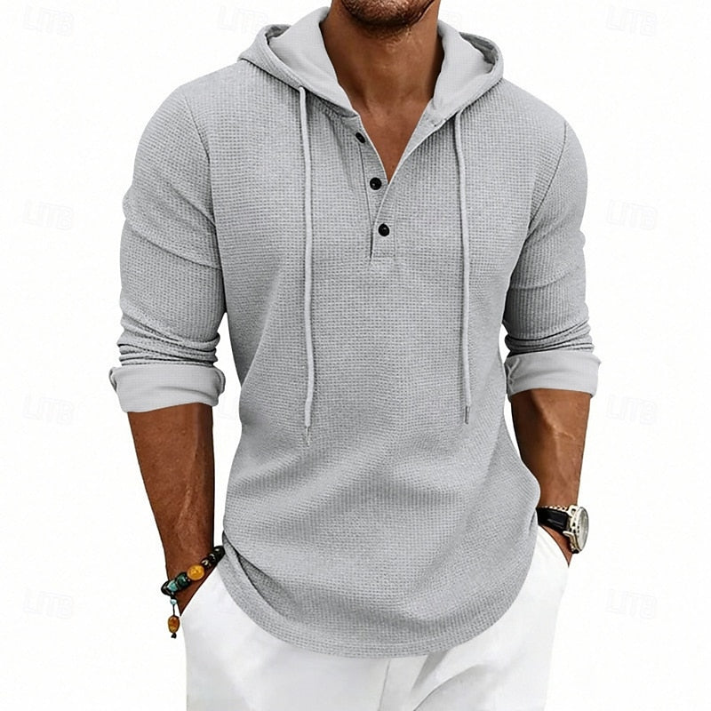 Waffle Knit Hooded Henley Shirt Men's Long Sleeve Drawstring Button Top – Casual, Everyday