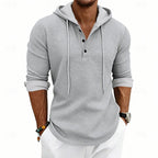Waffle Knit Hooded Henley Shirt Men's Long Sleeve Drawstring Button Top – Casual, Everyday