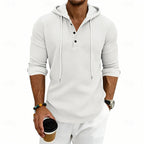 Waffle Knit Hooded Henley Shirt Men's Long Sleeve Drawstring Button Top – Casual, Everyday