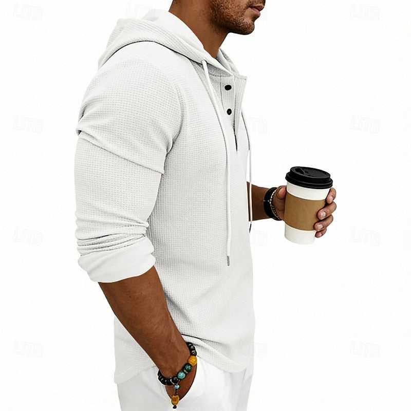Waffle Knit Hooded Henley Shirt Men's Long Sleeve Drawstring Button Top – Casual, Everyday