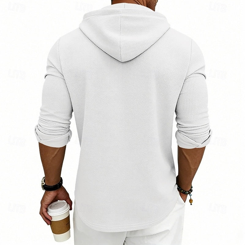 Waffle Knit Hooded Henley Shirt Men's Long Sleeve Drawstring Button Top – Casual, Everyday