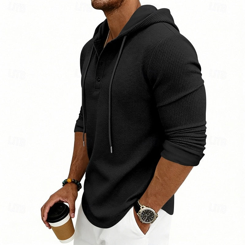 Waffle Knit Hooded Henley Shirt Men's Long Sleeve Drawstring Button Top – Casual, Everyday