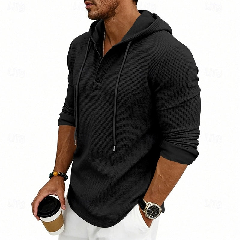 Waffle Knit Hooded Henley Shirt Men's Long Sleeve Drawstring Button Top – Casual, Everyday