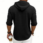Waffle Knit Hooded Henley Shirt Men's Long Sleeve Drawstring Button Top – Casual, Everyday